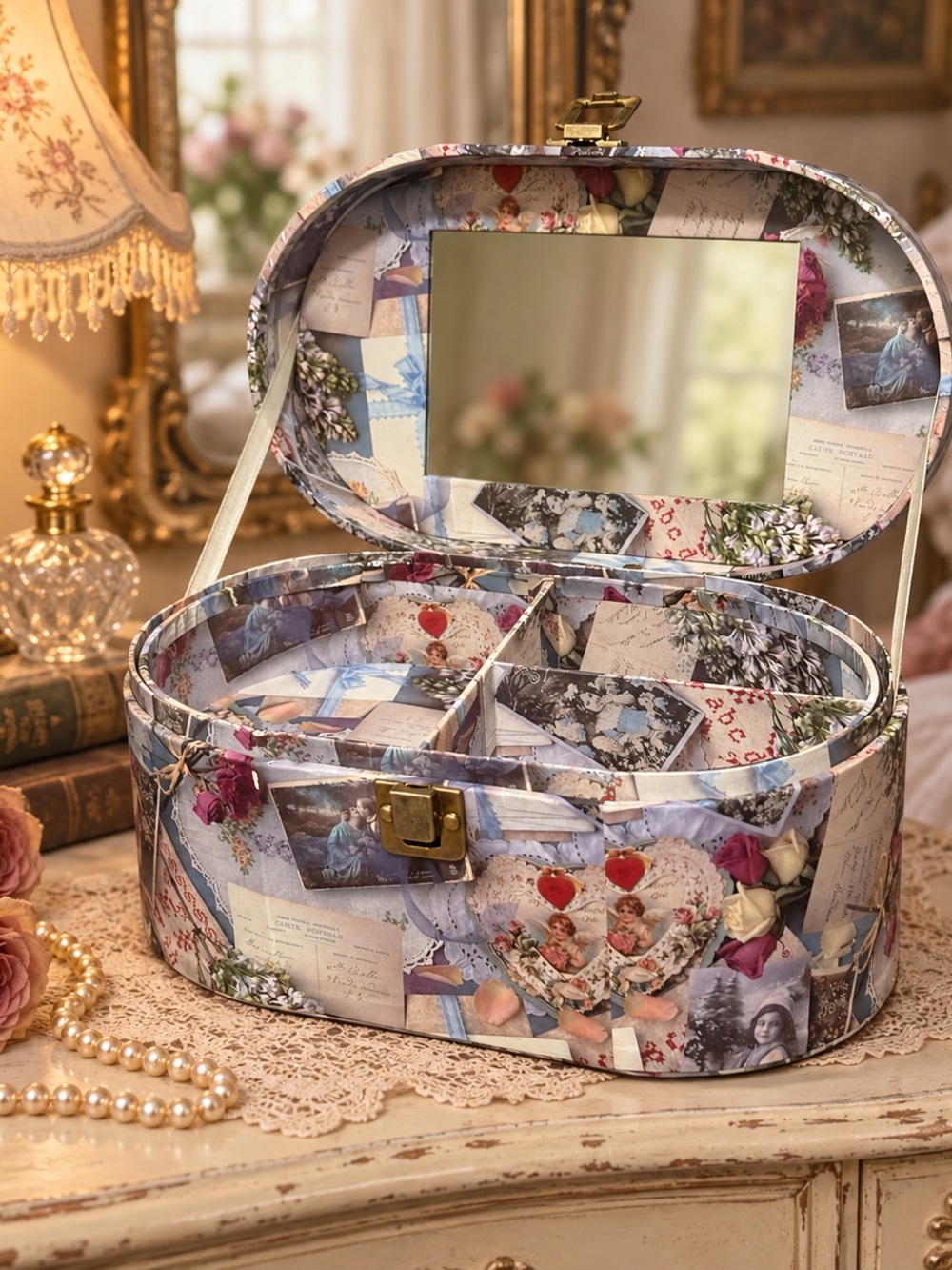 Victorian Collage Jewelry Box Vanity Train Case Mirror Organizer Vintage Style